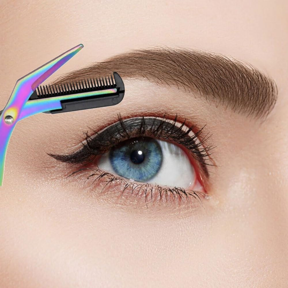 Eyebrow Trimmer Scissor, 2024 New Stainless Steel Eyebrow Scissors with Comb, Non-Slip Facial Hair Removal Trimmer, Portable Professional Eyebrow Trimming Scissors for Men Women, Mint Green