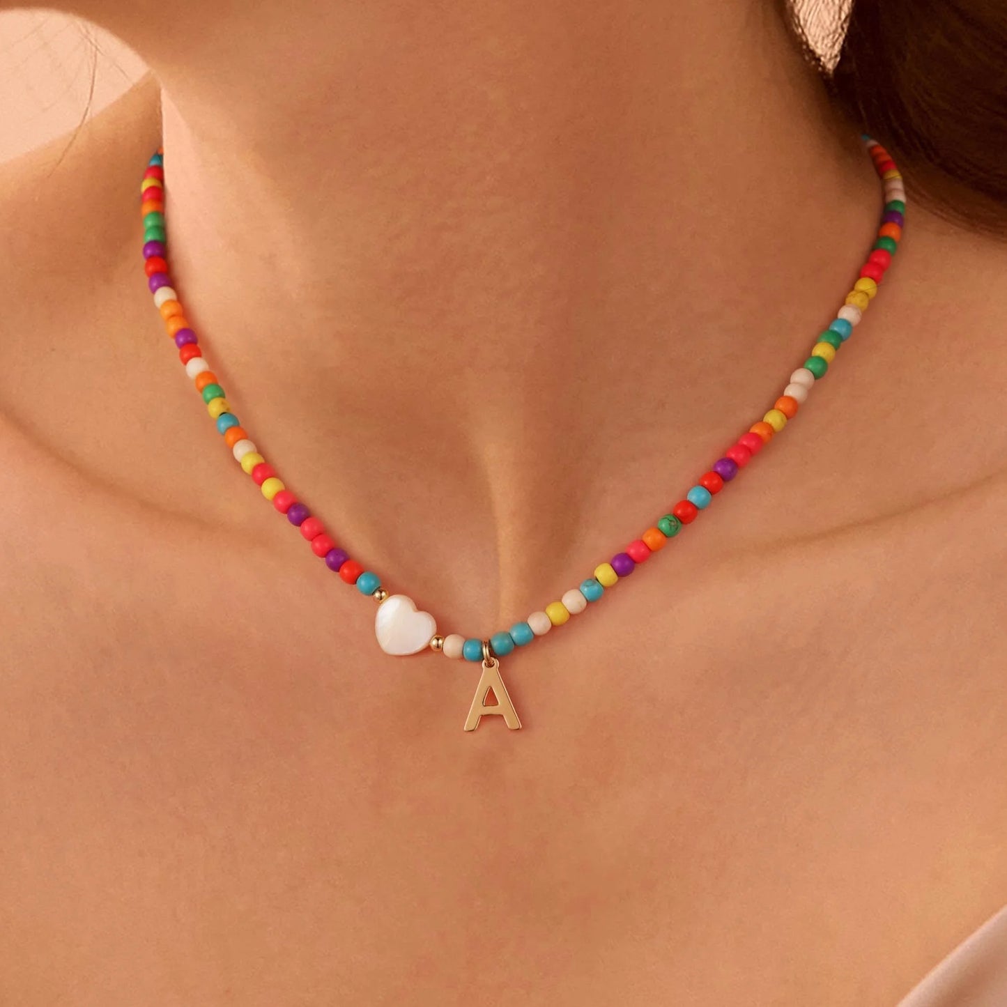 Gold Initial Beaded Choker Necklace, Turquoise Beads 14+2 in Adjustable Chain (Women'S)