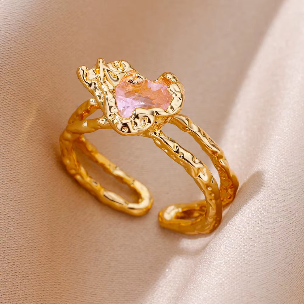 Zircon Heart Rings for Women Stainless Steel Gold Color Open Ring 2024 Trend Design Female Couple Wedding Waterproof Jewerly