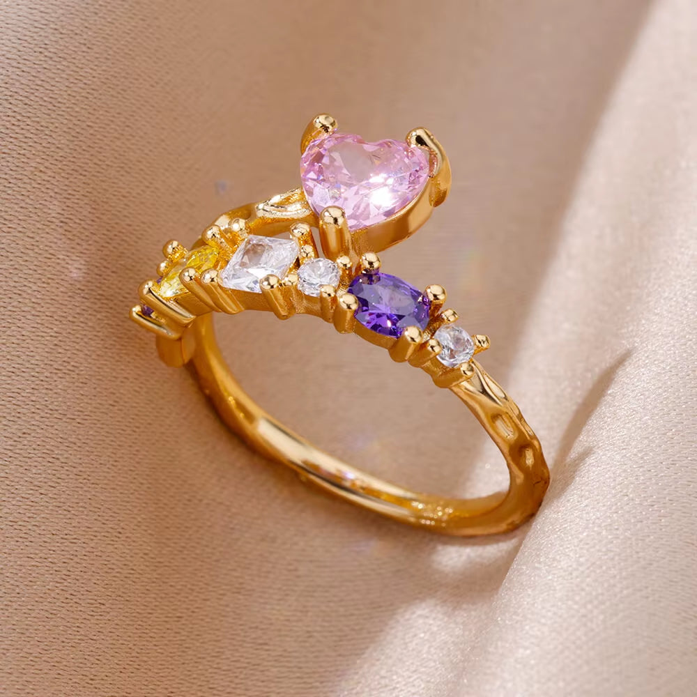 Zircon Heart Rings for Women Stainless Steel Gold Color Open Ring 2024 Trend Design Female Couple Wedding Waterproof Jewerly