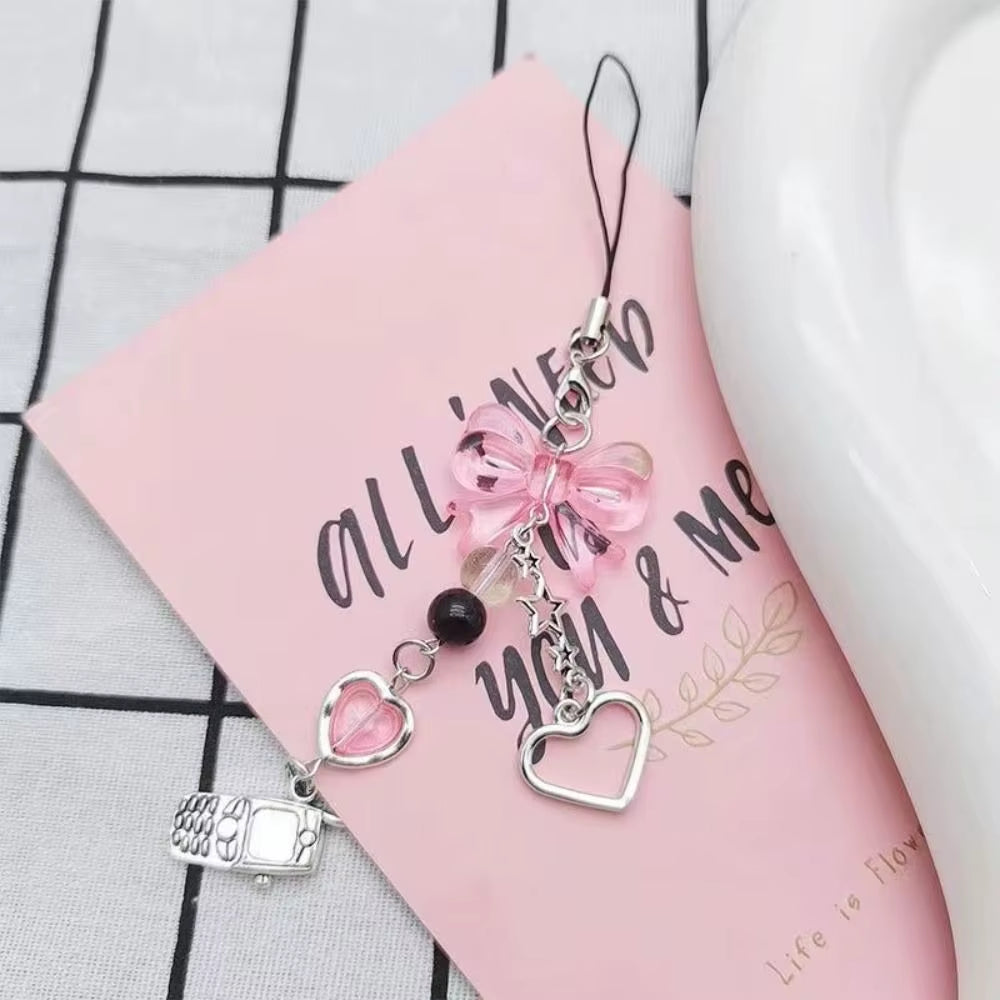 Pink Cell Phone Rope Chain Jewelry Accessories Anime Pendant Y2K Beaded Beads Chain DIY Cat Key Chain Phone Charm Key Chain