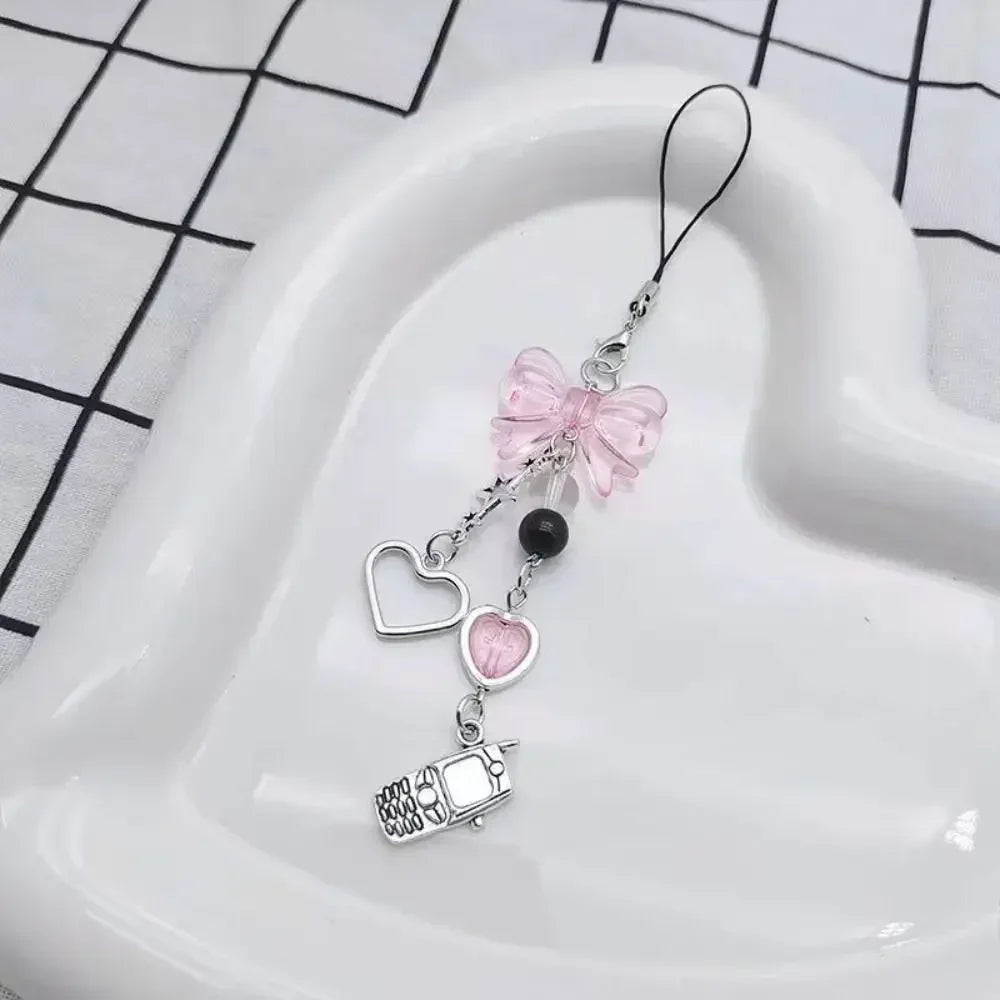 Pink Cell Phone Rope Chain Jewelry Accessories Anime Pendant Y2K Beaded Beads Chain DIY Cat Key Chain Phone Charm Key Chain