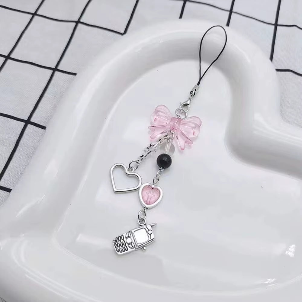 Pink Cell Phone Rope Chain Jewelry Accessories Anime Pendant Y2K Beaded Beads Chain DIY Cat Key Chain Phone Charm Key Chain