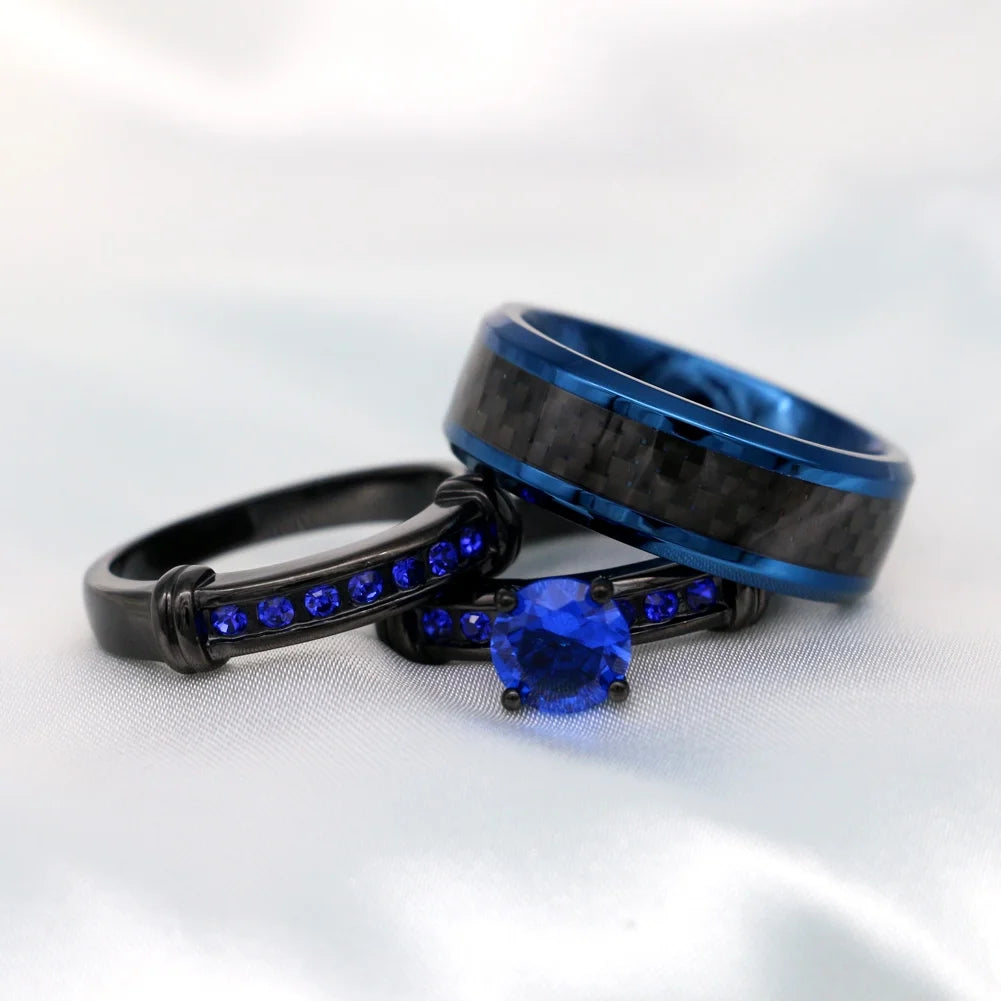 Matching Ring Couple Rings Black Gold Plated 1CT Blue CZ Wedding Ring Sets Male Ring