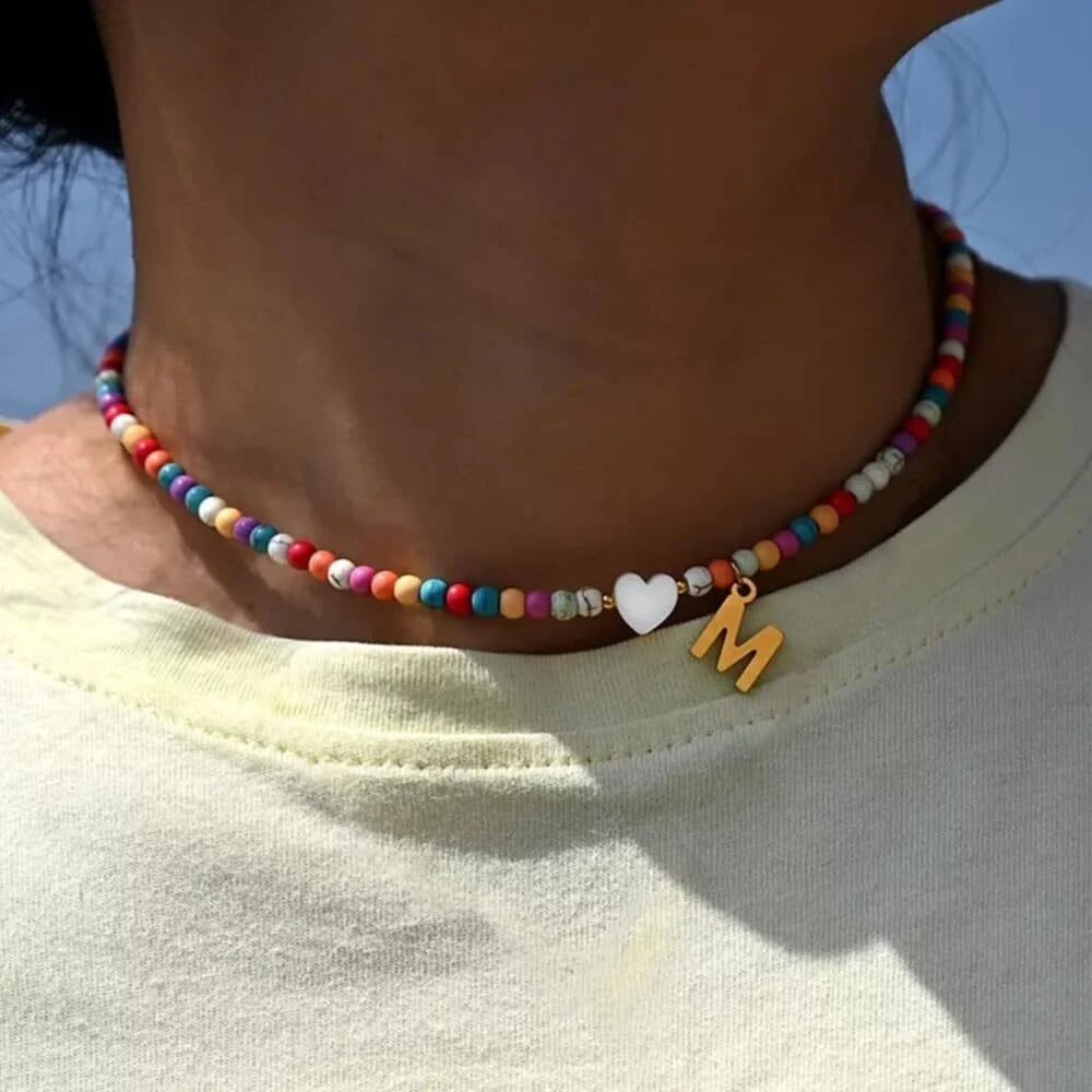 Gold Initial Beaded Choker Necklace, Turquoise Beads 14+2 in Adjustable Chain (Women'S)