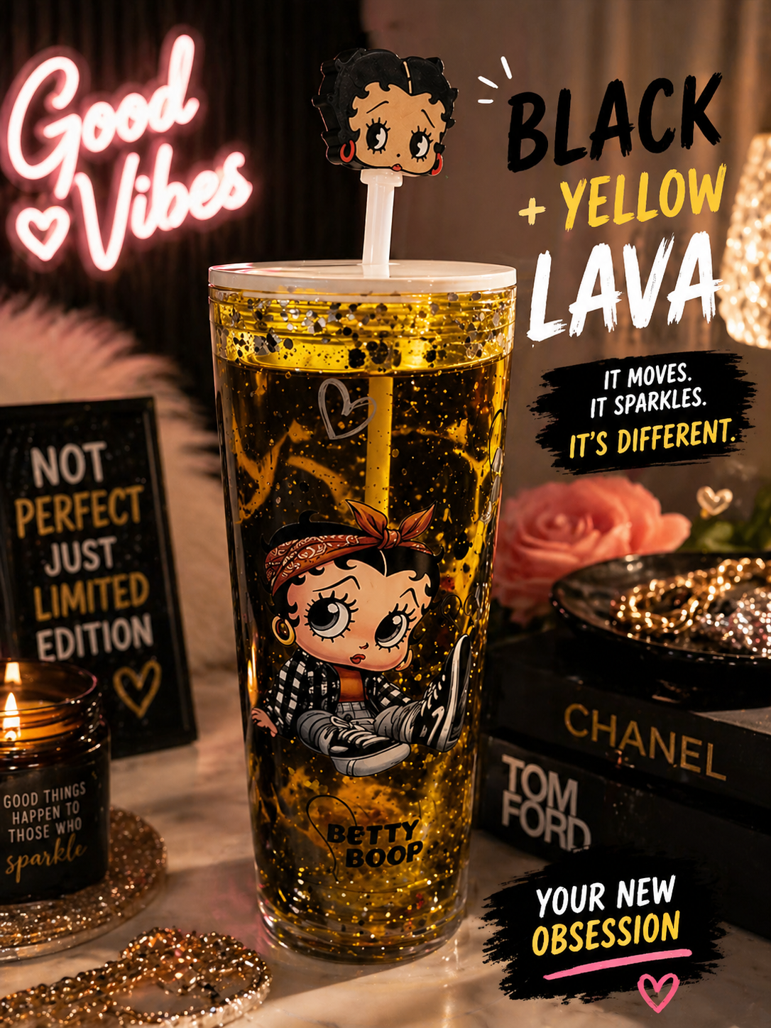 Betty Boop Black & Gold 24oz Dual Lava Tumbler