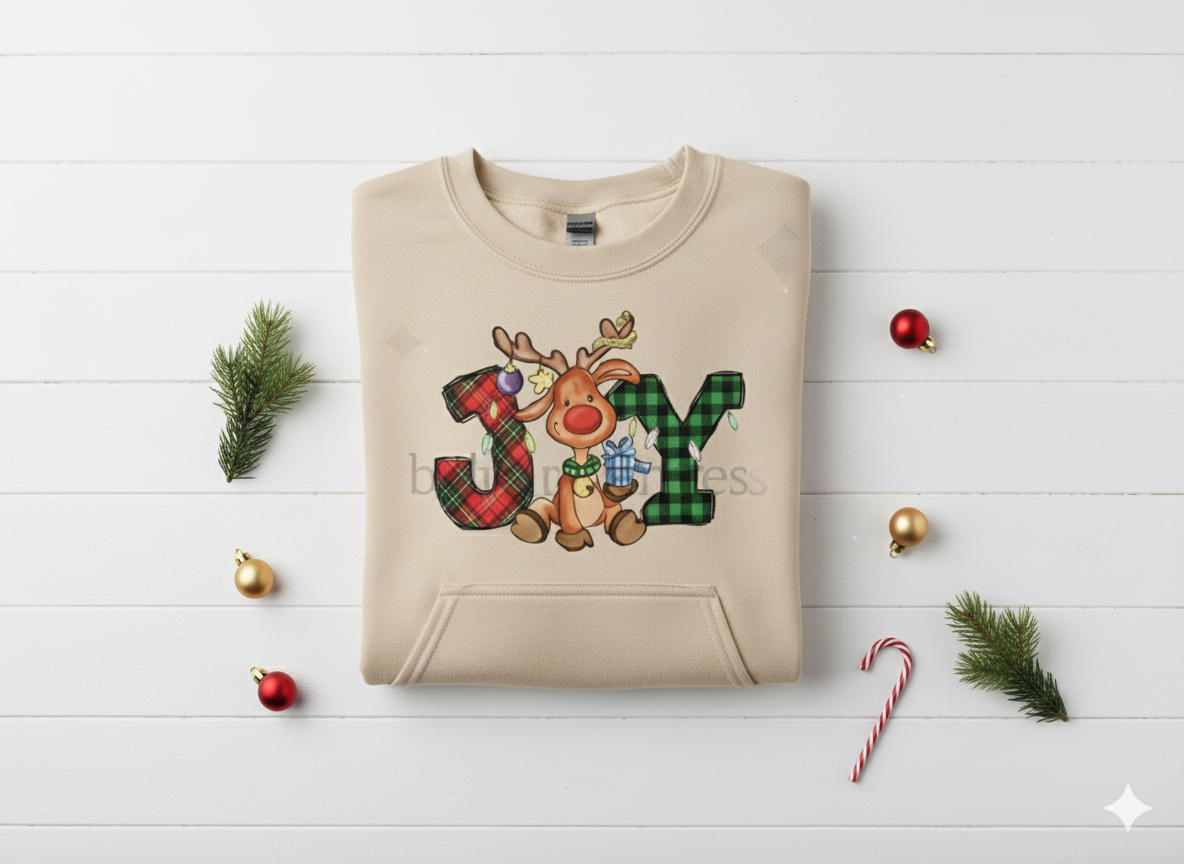 JOY Plaid Reindeer – Christmas T-Shirt, Hoodie & Sweatshirt