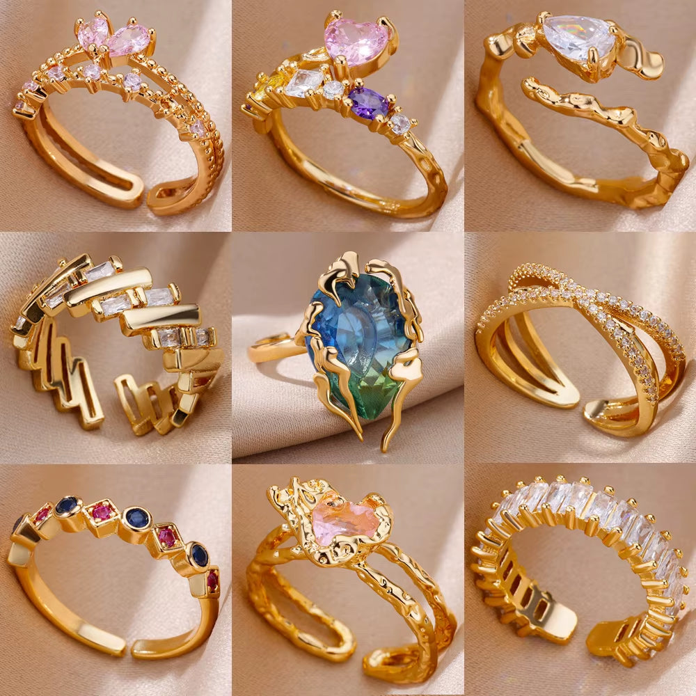 Zircon Heart Rings for Women Stainless Steel Gold Color Open Ring 2024 Trend Design Female Couple Wedding Waterproof Jewerly