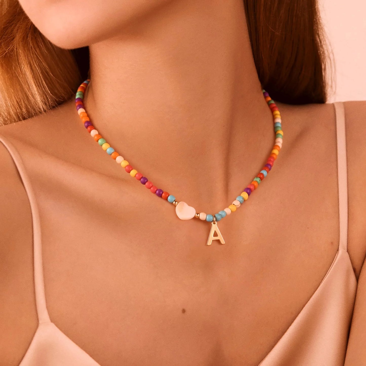 Gold Initial Beaded Choker Necklace, Turquoise Beads 14+2 in Adjustable Chain (Women'S)