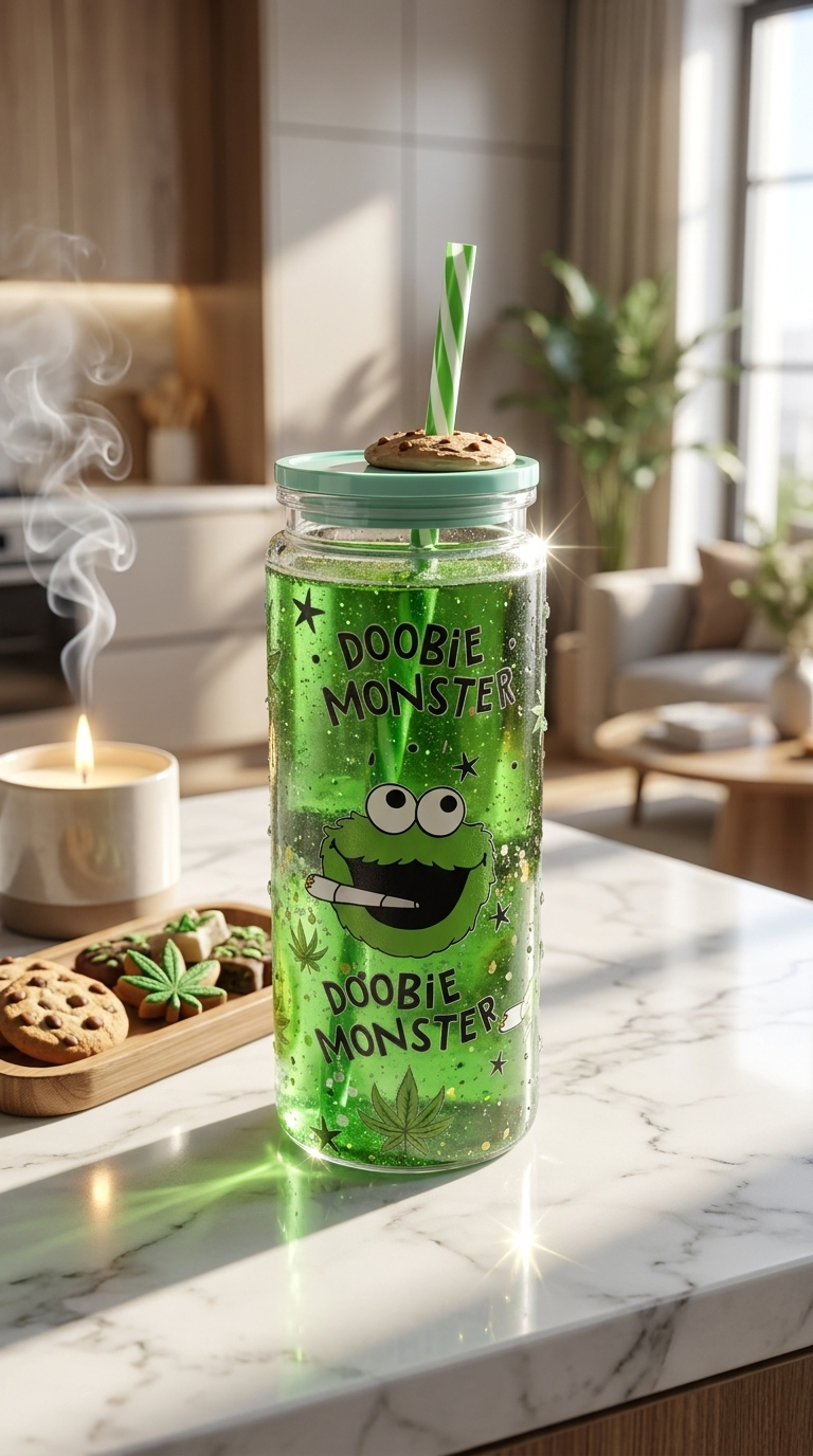 Doobie Monster Glitter 20oz Lava Cup w/handle – Handmade Glass Tumbler With Straw