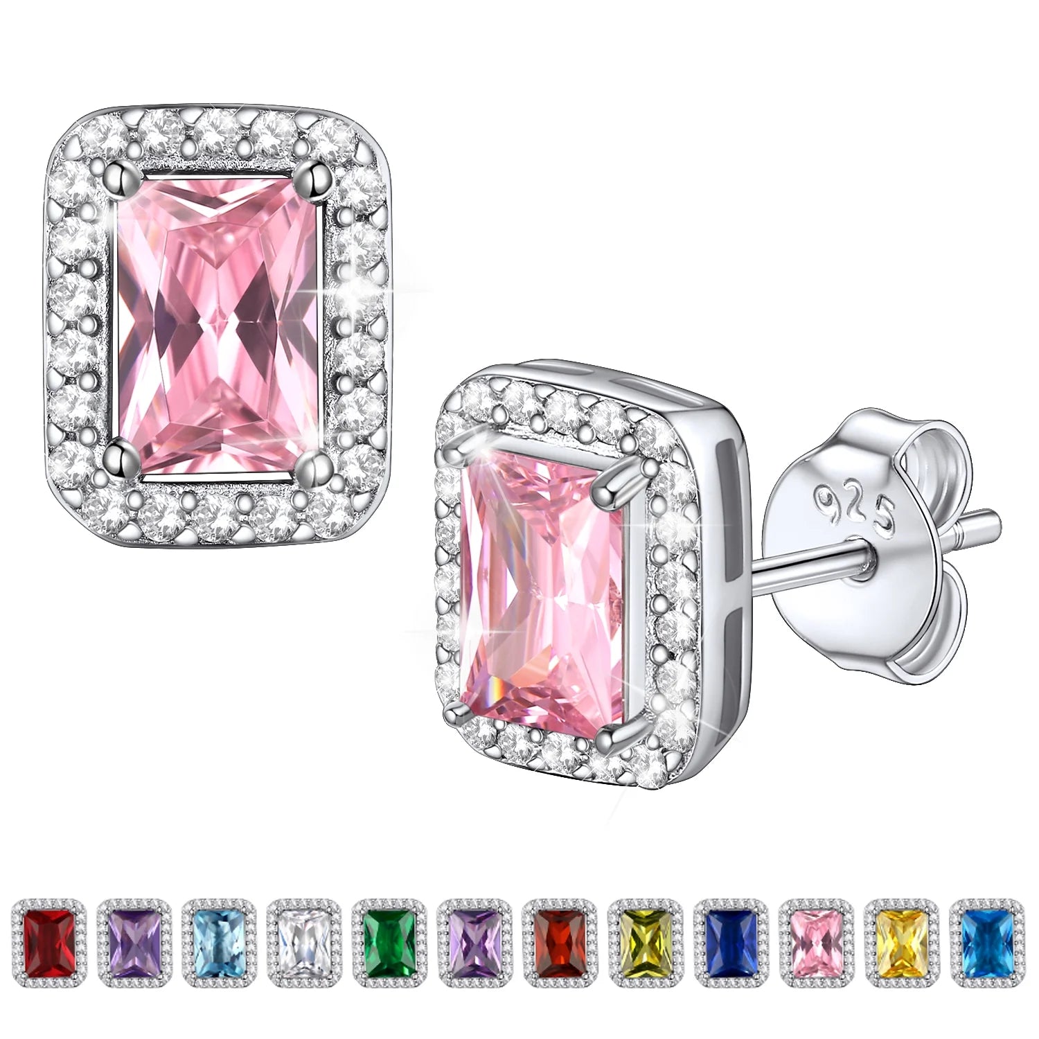 Square Diamond Stud Earrings October Tourmaline Birthstone Earrings, Sterling Silver Earrings Birthday Jewelry Gift for Women