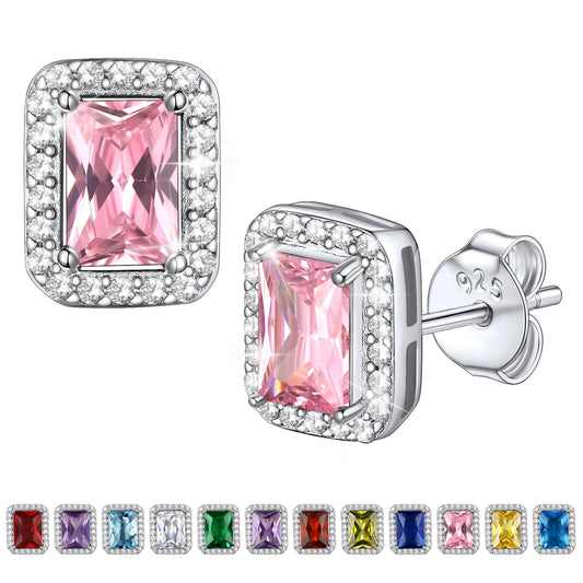Square Diamond Stud Earrings October Tourmaline Birthstone Earrings, Sterling Silver Earrings Birthday Jewelry Gift for Women