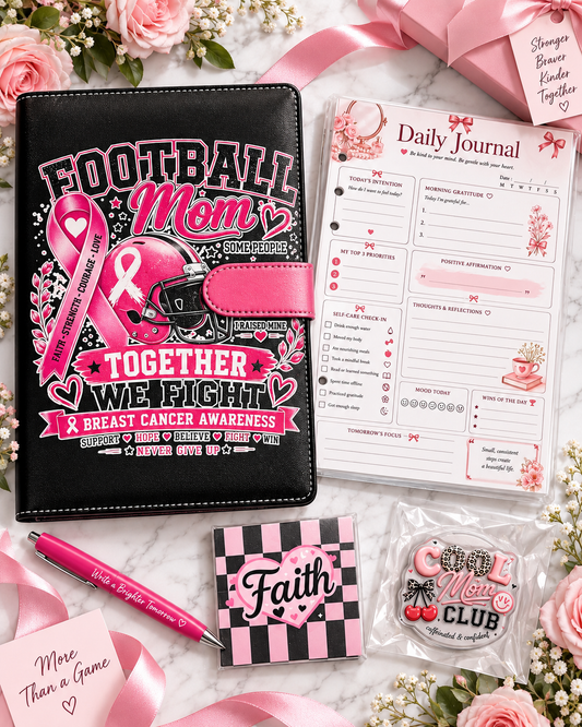 Football Mom Breast Cancer Awareness A5 Journal Kit | Journal, Daily Journal Paper, Pen, Sticky Notes & Phone Grip Gift Set