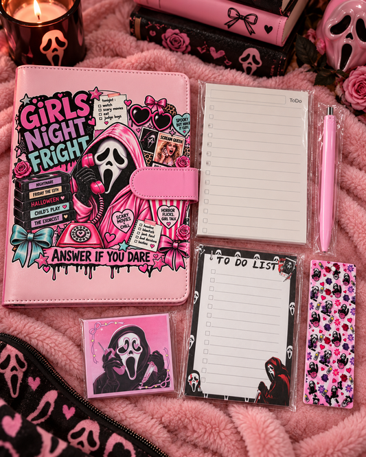 Girls Night Fright A5 Journal Gift Set | Pink Horror Journal, Paper, Pen, Sticky Notes, Memo Pad & Bookmark
