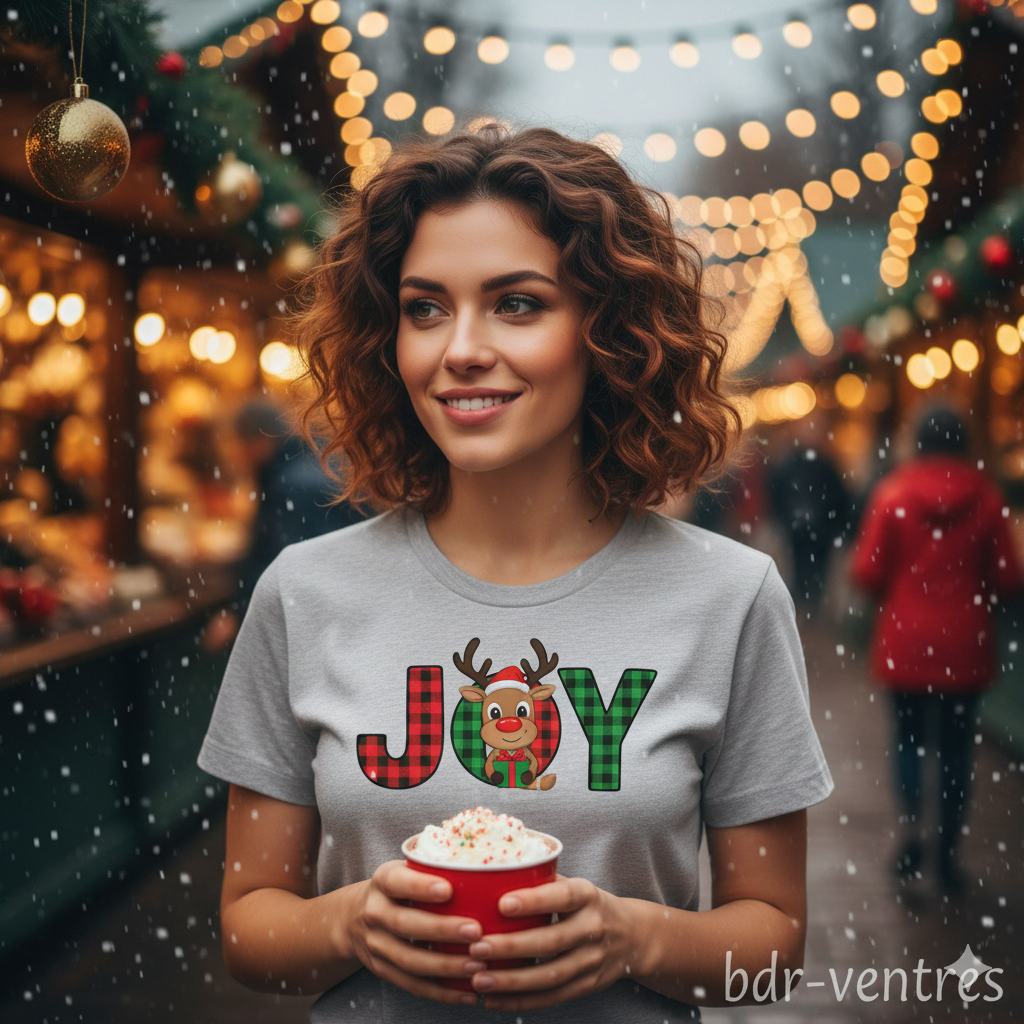 JOY Plaid Reindeer – Christmas T-Shirt, Hoodie & Sweatshirt