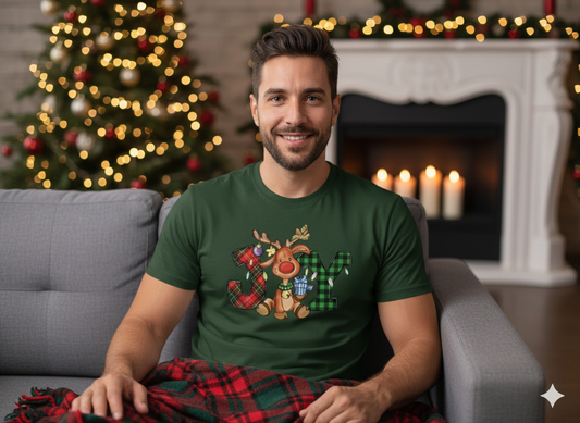 JOY Plaid Reindeer – Christmas T-Shirt, Hoodie & Sweatshirt