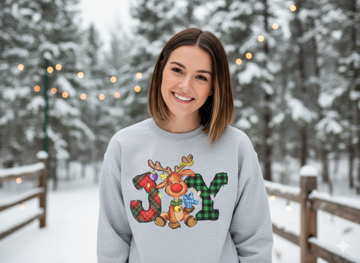 JOY Plaid Reindeer – Christmas T-Shirt, Hoodie & Sweatshirt