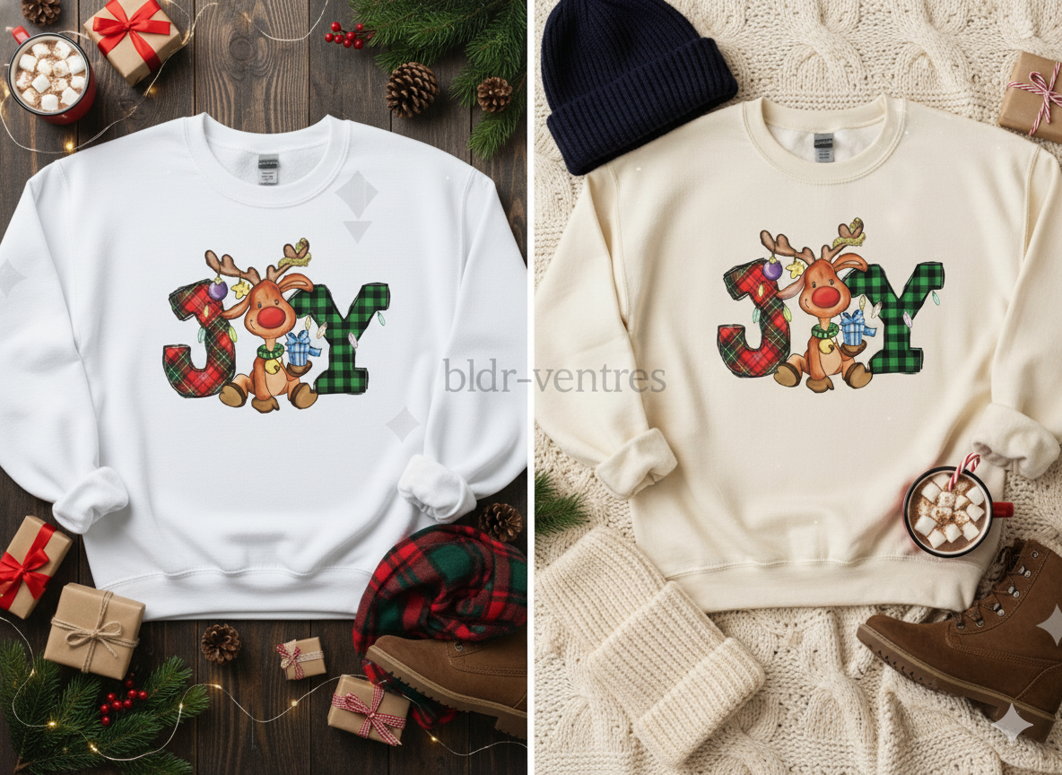 JOY Plaid Reindeer – Christmas T-Shirt, Hoodie & Sweatshirt