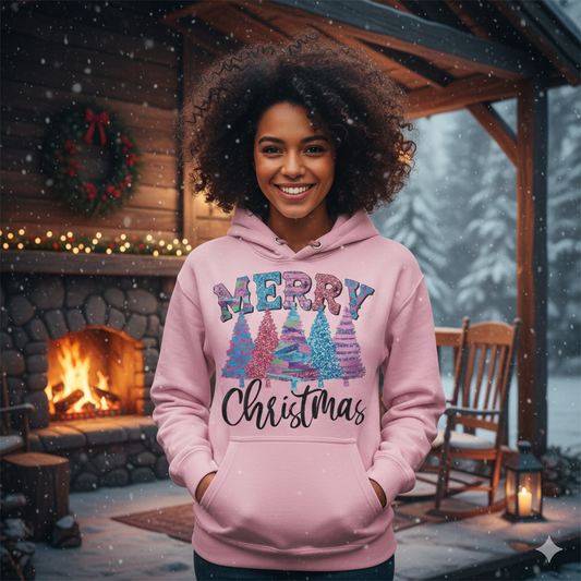 Merry Christmas Pastel Trees – Holiday Hoodie, Sweatshirt & Tee