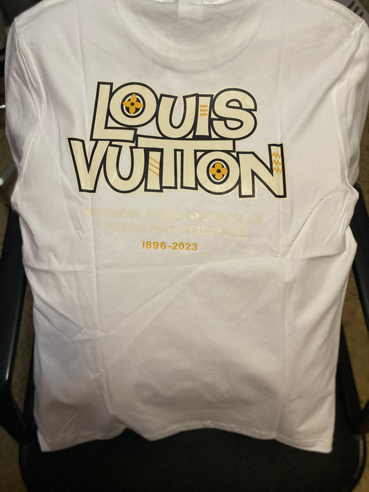 White sleeveless shirt with 'Louis Vuitton' logo and text on a chair.