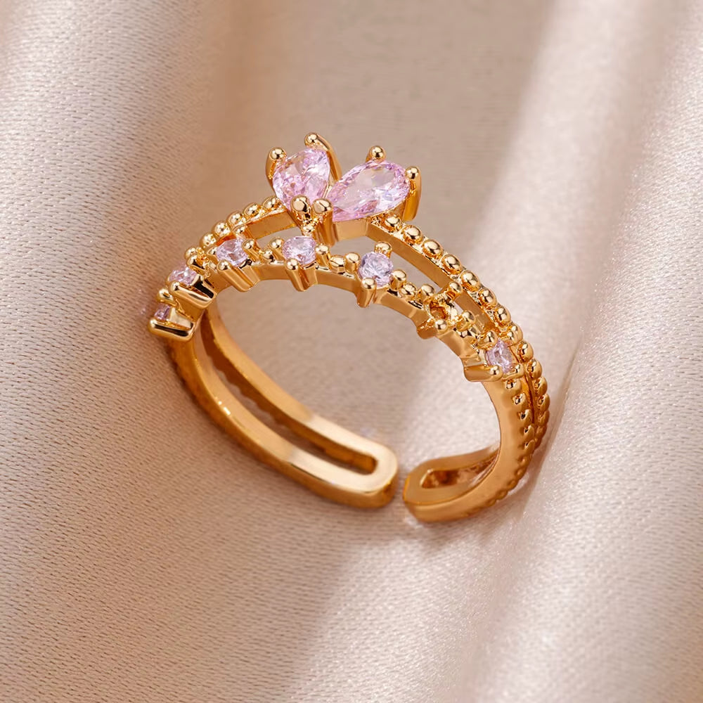 Zircon Heart Rings for Women Stainless Steel Gold Color Open Ring 2024 Trend Design Female Couple Wedding Waterproof Jewerly